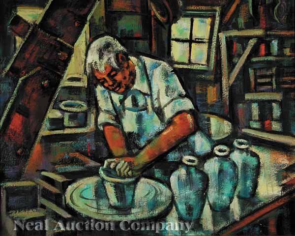 Emil Eugen Holzhauer (Georgia/Florida,1887-1986): Emil Eugen Holzhauer (Georgia/Florida, 1887-1986), "Potter", oil on canvas, signed, titled, dated "1939", inscribed "Ashville", and with a "Ft. Walton Beach" label and a handwritten inscribed card en 