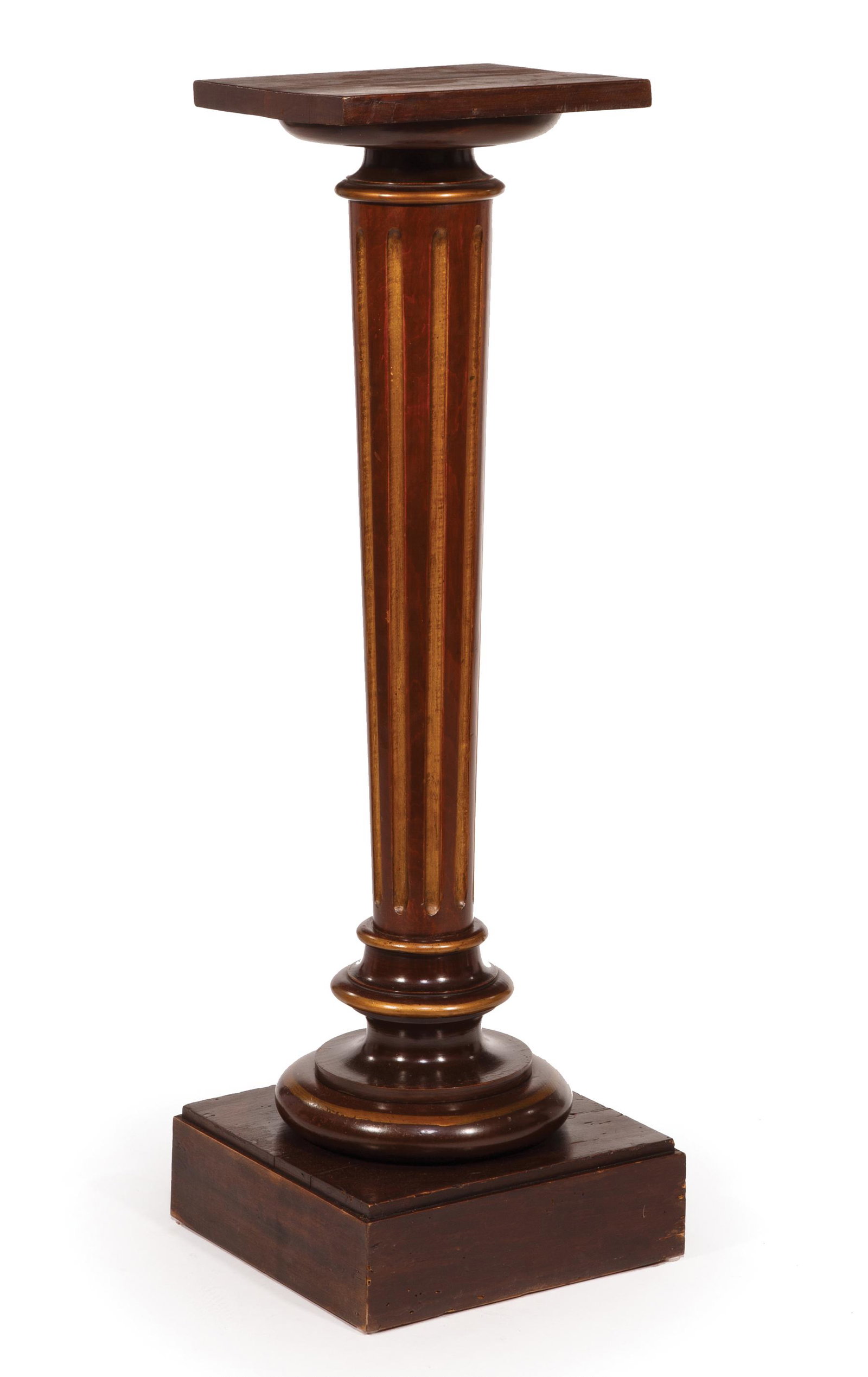 American Renaissance Decorated Walnut Pedestal: American Renaissance Gilt Decorated Walnut Pedestal , fluted tapered standard, socle plinth base , h. 41 3/8 in., w. 13 in., d. 13 in