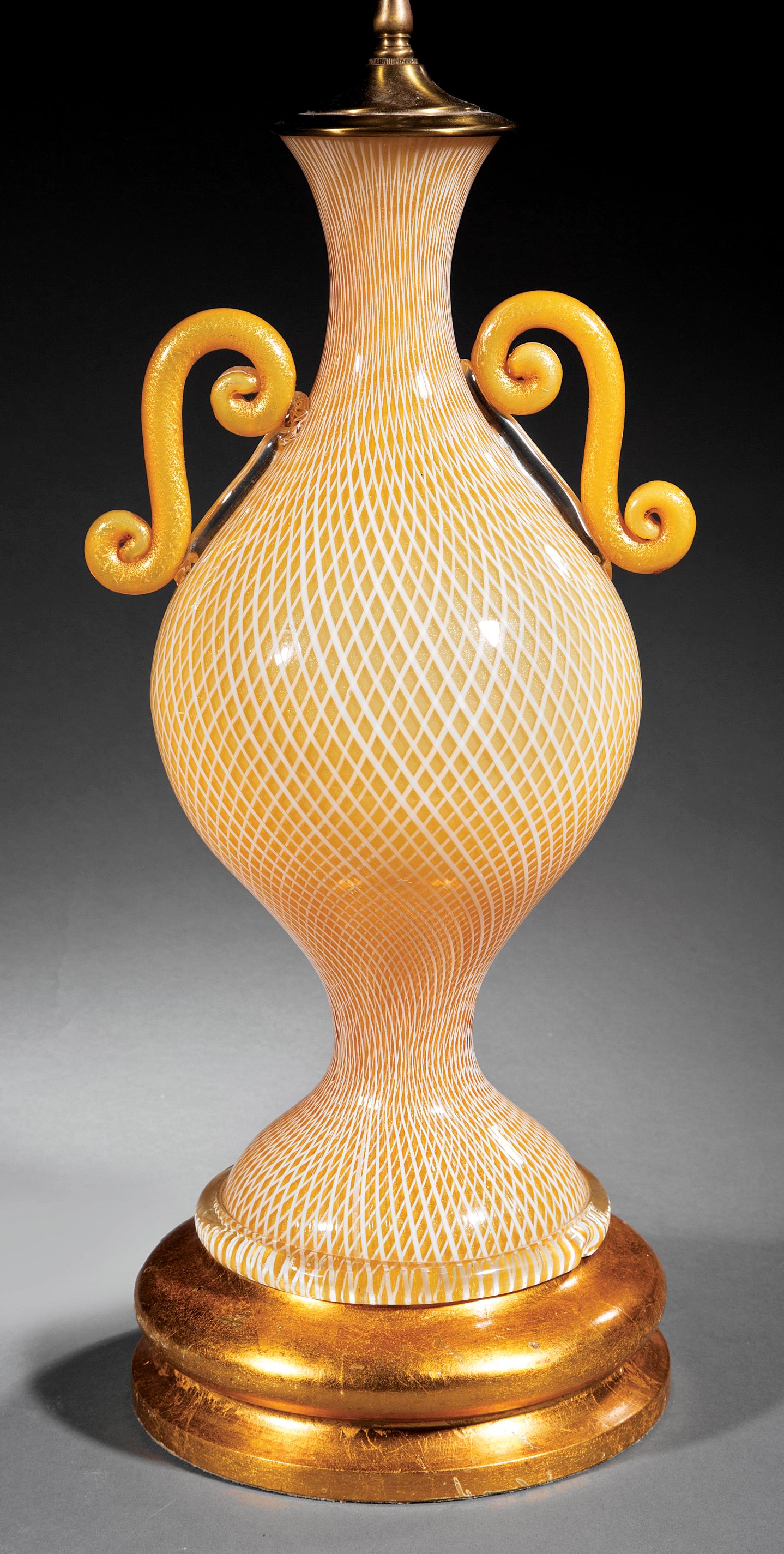 Italian Glass, Painted Wood and Brass Lamp: Vintage Italian Glass, Painted Wood and Brass Lamp , possibly Barovier & Toso, Murano, white lattice-work ribbon on gold-flecked amber ground, h. (to socket) 23 1/4 in