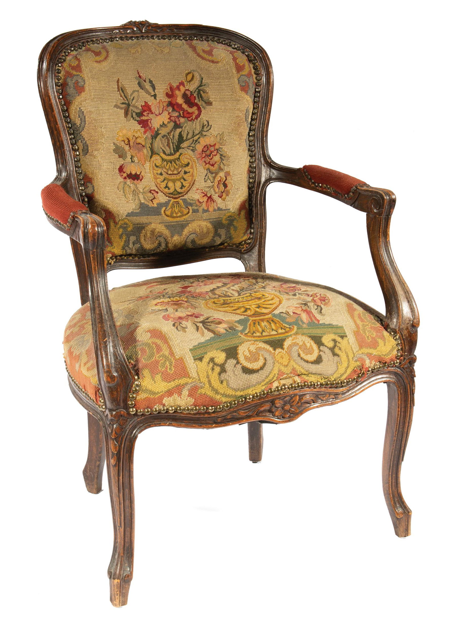 Louis XV-Style Carved Walnut Fauteuil: Antique Louis XV-Style Carved Walnut Fauteuil , 19th c., floral carved crest rail, padded scrolled arms, serpentine seat, cabriole legs, original needlepoint upholstery , h. 26 in., w. 22 3/4 in., d. 
