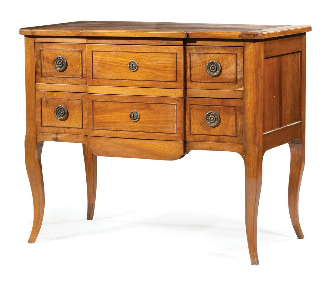 Louis XV-Style Fruitwood Writing Desk: Louis XV-Style Fruitwood Writing Desk , breakfront form, two drawers, cabriole legs , h. 32 in., w. 39 in., d. 20 1/2 in Provenance: Whisnant Galleries Collection, New Orleans, LA.