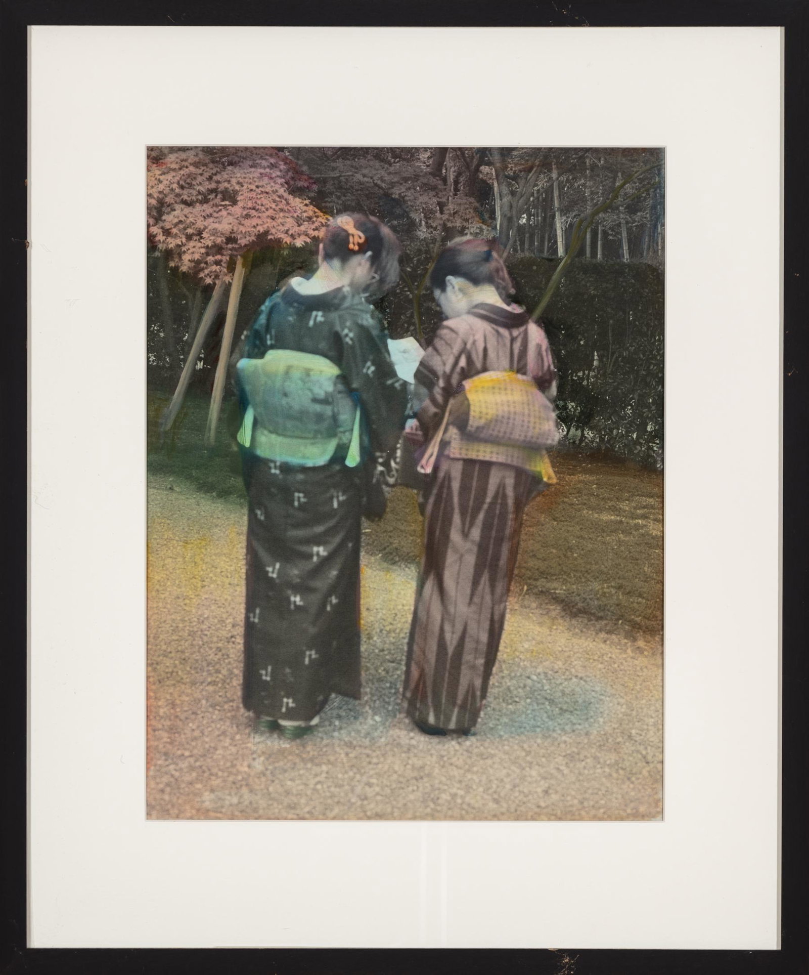 Randy Hayes (American/Mississippi, b. 1944): Randy Hayes (American/Mississippi, b. 1944) , "Two Women in Kimono", oil on photograph, signed and inscribed "Kyoto" en verso, 19 15/16 in. x 15 13/16 in., framed Provenance: Acquired from the artist,