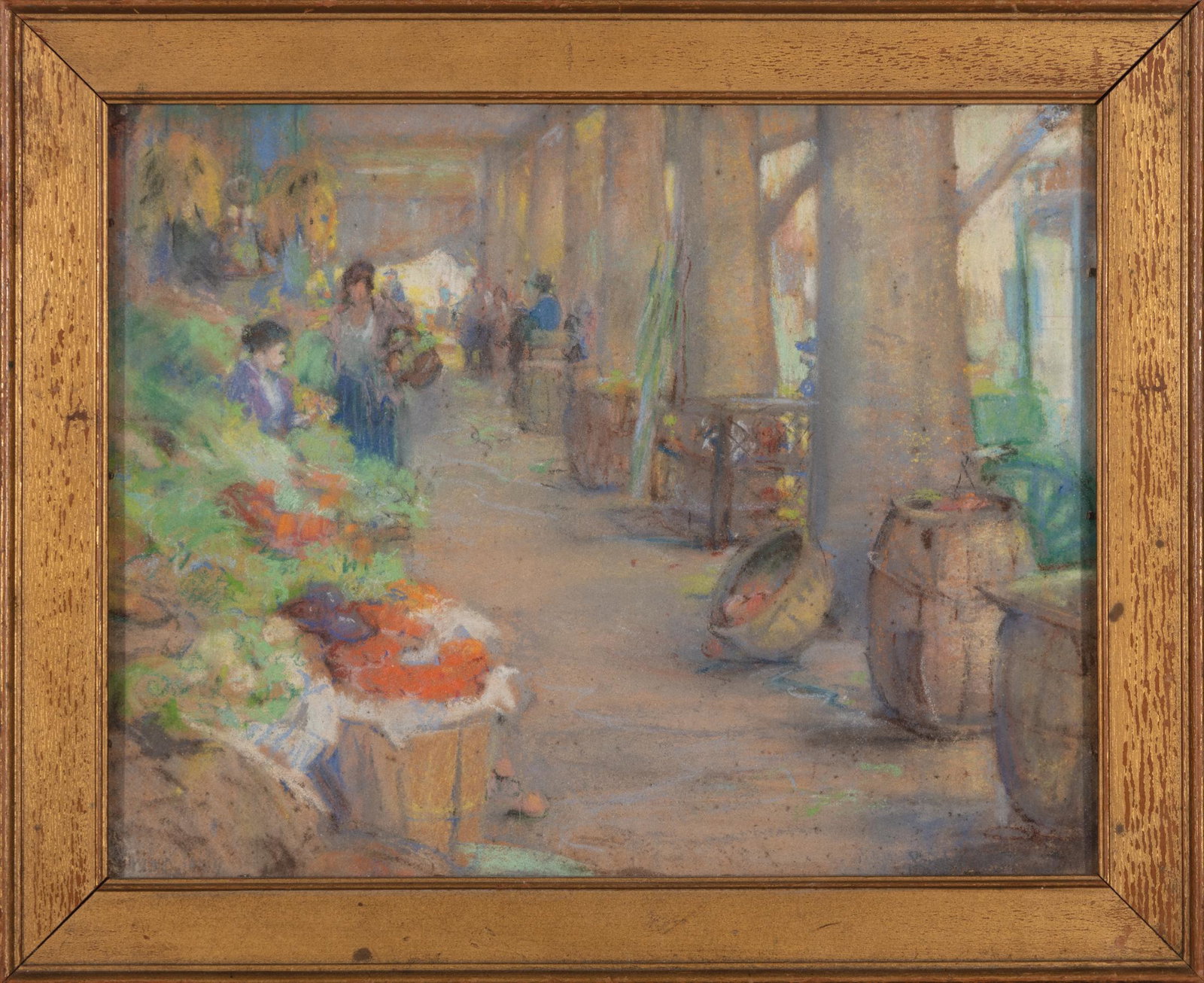 Sarah Katherine Smith (American, b. 1877): Sarah Katherine Smith (American, b. 1877) , "French Market", pastel on board, pencil-signed lower left and right, sight 10 1/2 in. x 13 1/2 in., framed Condition: Overall fair condition