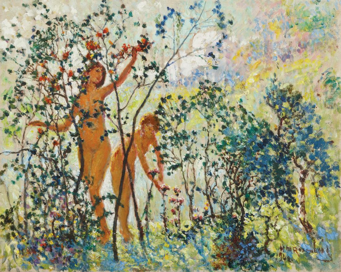 Henry Mortikar Rosenberg (American, 1858-1947): Henry Mortikar Rosenberg (American, 1858-1947) , "Two Nude Figures in a Landscape", 1942, oil on canvas, signed and dated lower right, 16 in. x 20 in., unframed Provenance: Property of the Mobile Muse