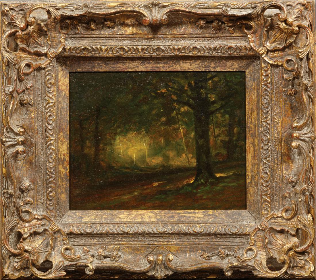 Harry Leroy Johnson (American/Pennsylvania): Henry Leroy Johnson (American/Pennsylviania, 1876-1910), "Environs of Montclair, New Jersey", oil on board, unsigned, artist bio with title en verso, "Fine Arts Gallery, Gretna", label on backing pape