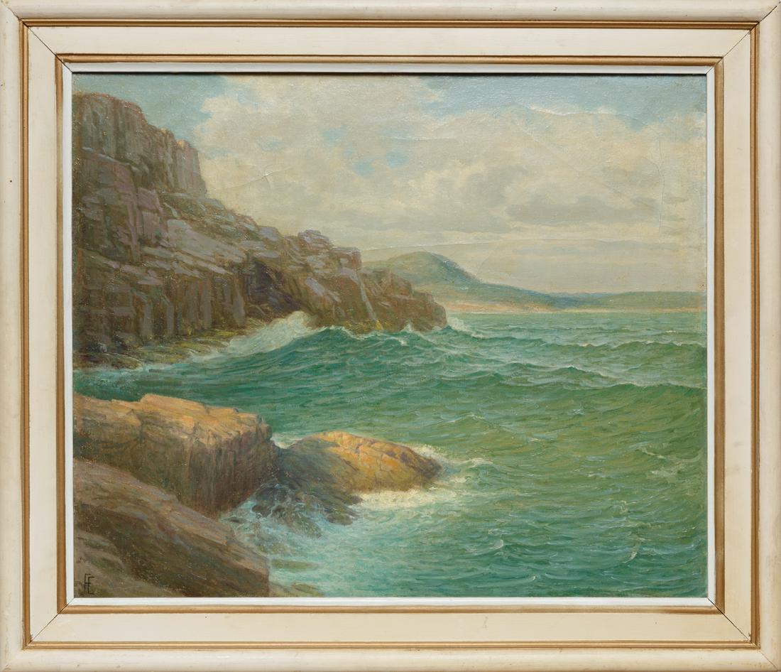 Fritz Franz Engel (German/American, 1877): Fritz Franz Engel (German/American, 1877-1956) , "Bar Harbor", 1924, oil on canvas, monogrammed lower left, pencil-titled and dated on stretcher, 20 in. x 24 in., framed Provenance: Property of the Mo