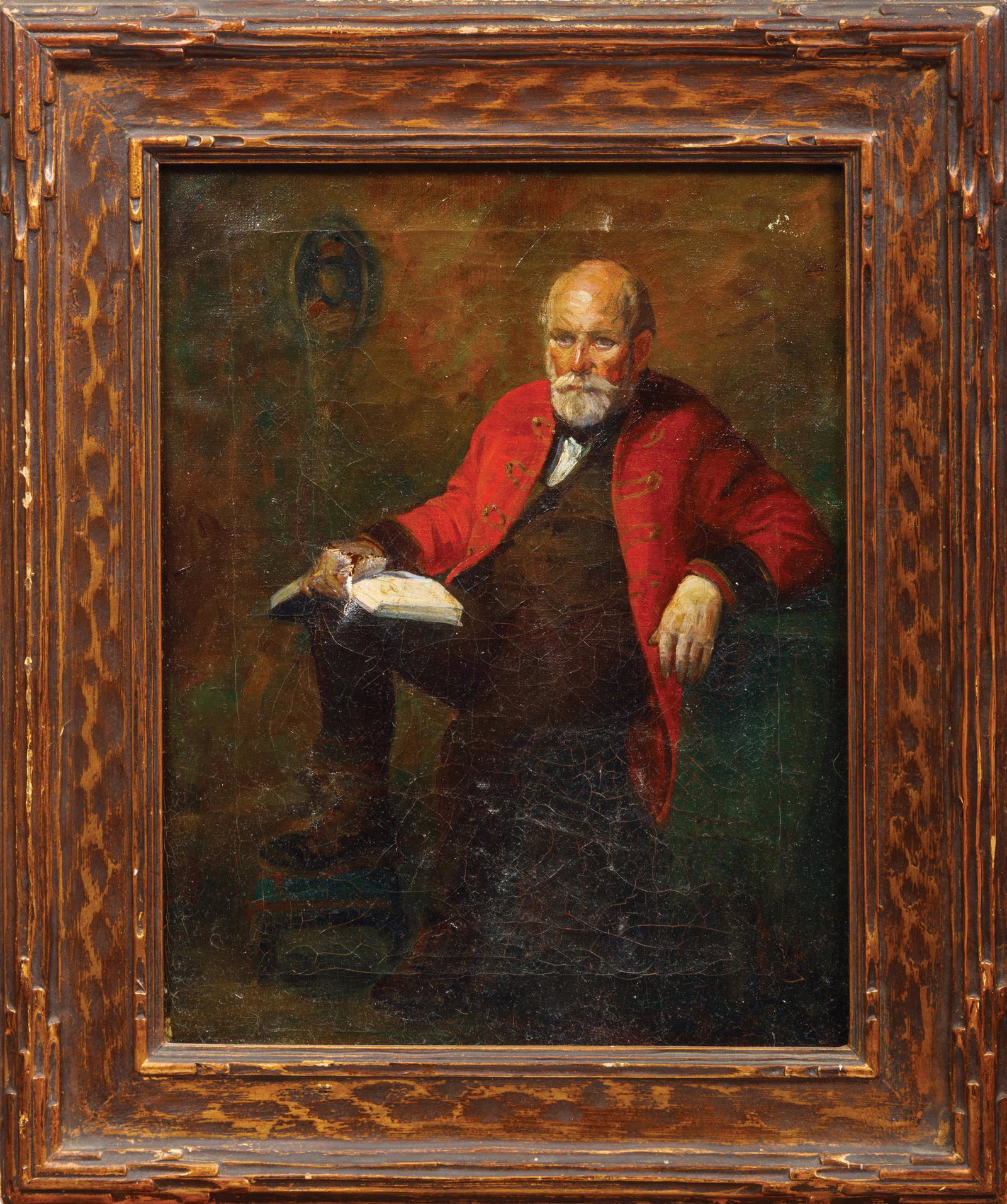 Continental School, 19th c: Continental School, 19th c ., "Gentleman in Red Coat with Book", oil on canvas, unsigned, 14 in. x 11 in., framed Condition: Overall poor condition
