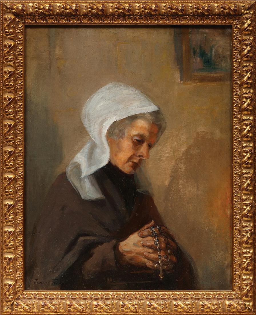 Continental School, 20th c: Continental School, 20th c ., "Woman with a Rosary", oil on canvas, illegibly signed lower left, 21 5/8 in. x 17 in., framed Condition: Overall good condition