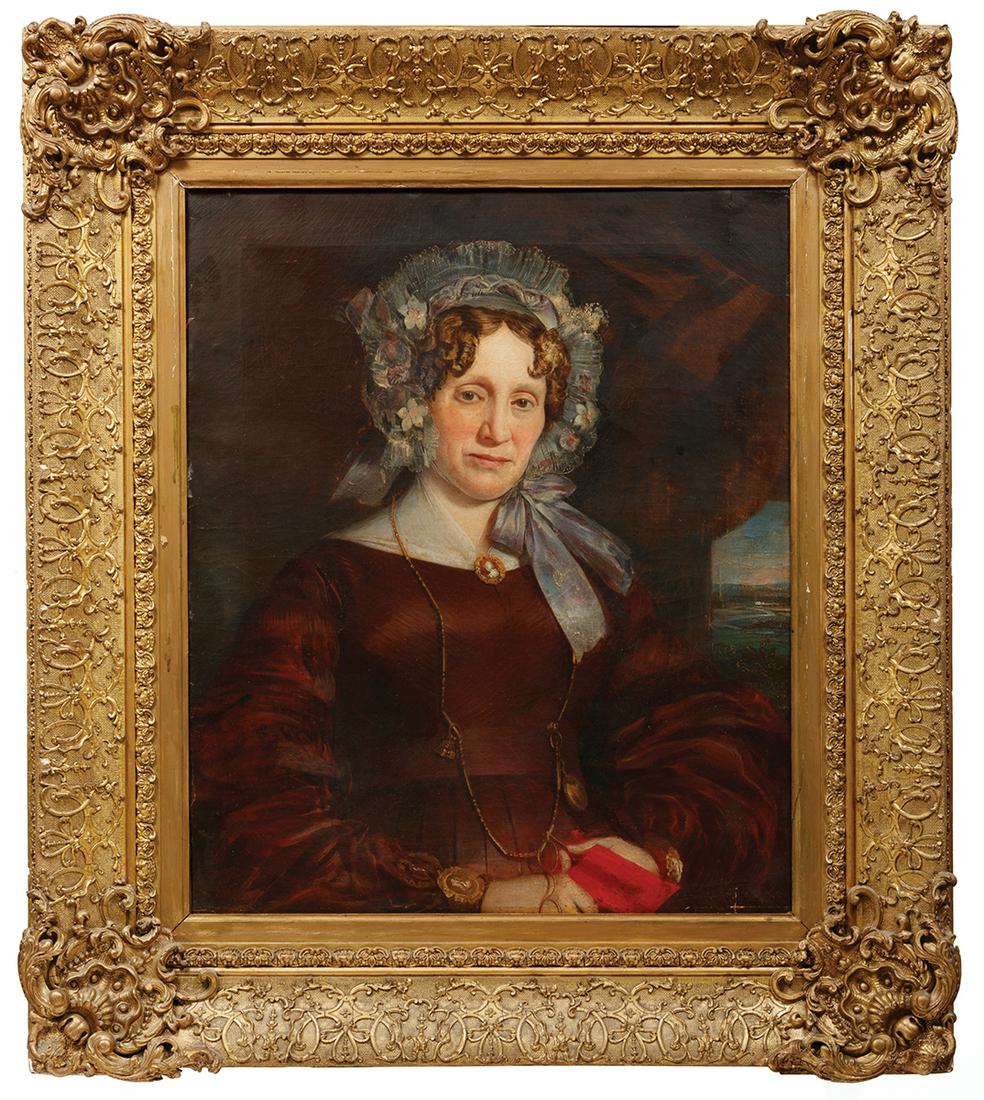 Continental School, 19th c: Continental School, 19th c ., "Portrait of a Lady in Red Dress and Lace Bonnet", oil on canvas, unsigned, 30 1/4 in. x 24 1/4 in., framed Condition: Overall fair condition