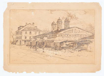Ellsworth Woodward (American/Louisiana, 1861): Ellsworth Woodward (American/Louisiana, 1861-1939) , "French Market, N. O.", 1887, etching, pencil-signed lower margin, initialed, titled and dated in plate, 6 1/2 in. x 10 3/8 in., unframed Condition