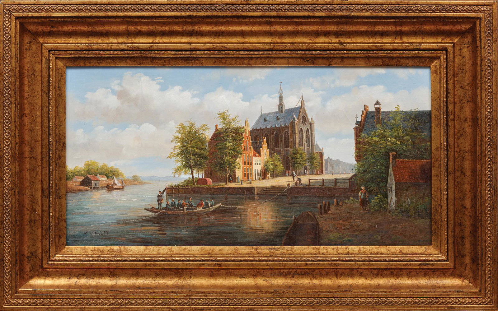 Reproduction on Canvas of an English Town: Decorative Reproduction on Canvas Depicting an English Town on a River , signed "M. Stanley" lower left, 12 in. x 24 in., framed Provenance: Estate of Arley D. Cathey II, El Dorado, AR, sold to benefi