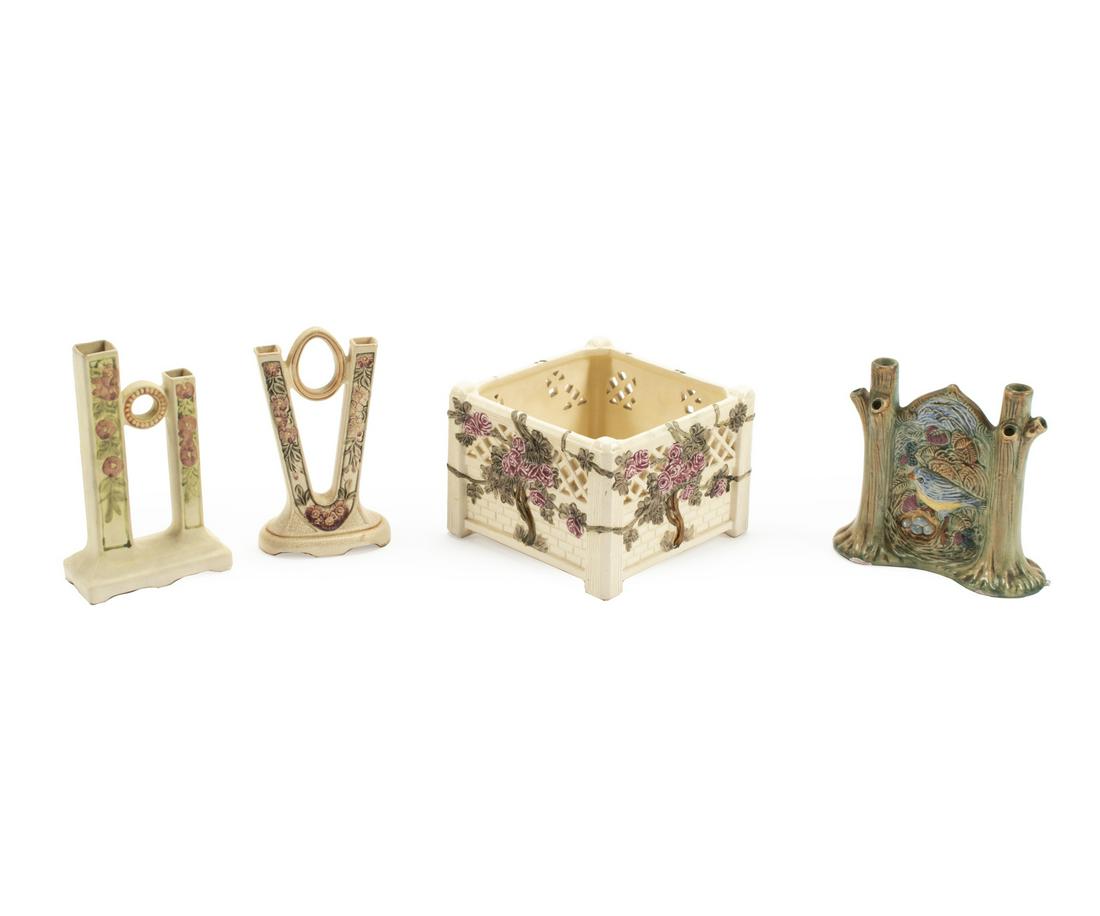 Four Weller Polychrome Pottery Table Objects: Four Weller Polychrome Pottery Table Objects , marked, incl. 3 bud vases, and reticulated jardiniere , jardiniere h. 5 1/2 in., w. 7 1/2 in., d. 7 1/2 in