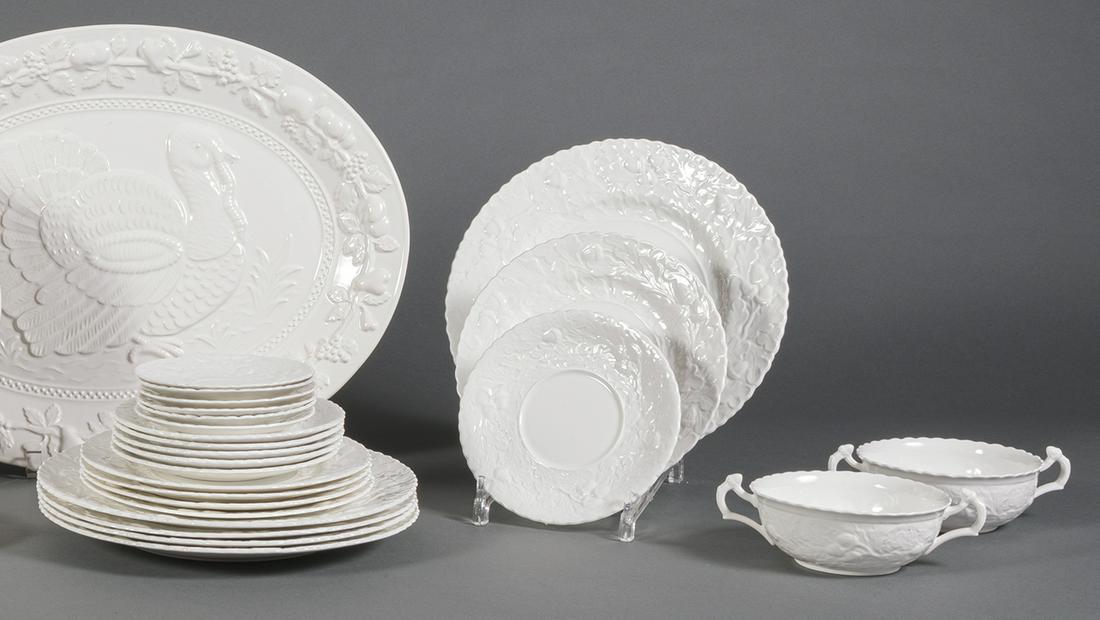 Queen's "Royal Oak" Bone China Dinner Service: Queen's "Royal Oak" Bone China Dinner Service , wide rim molded with oak leaves and acorns, incl. dinner plate, dia. 10 3/4 in.; 23 salad plates, dia. 8 1/4 in.; 12 soups, w. 7 in., d. 5 1/8 in. and 1