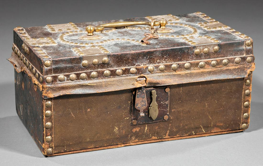 American Brass Mounted Leather Coffer (1 of 3)