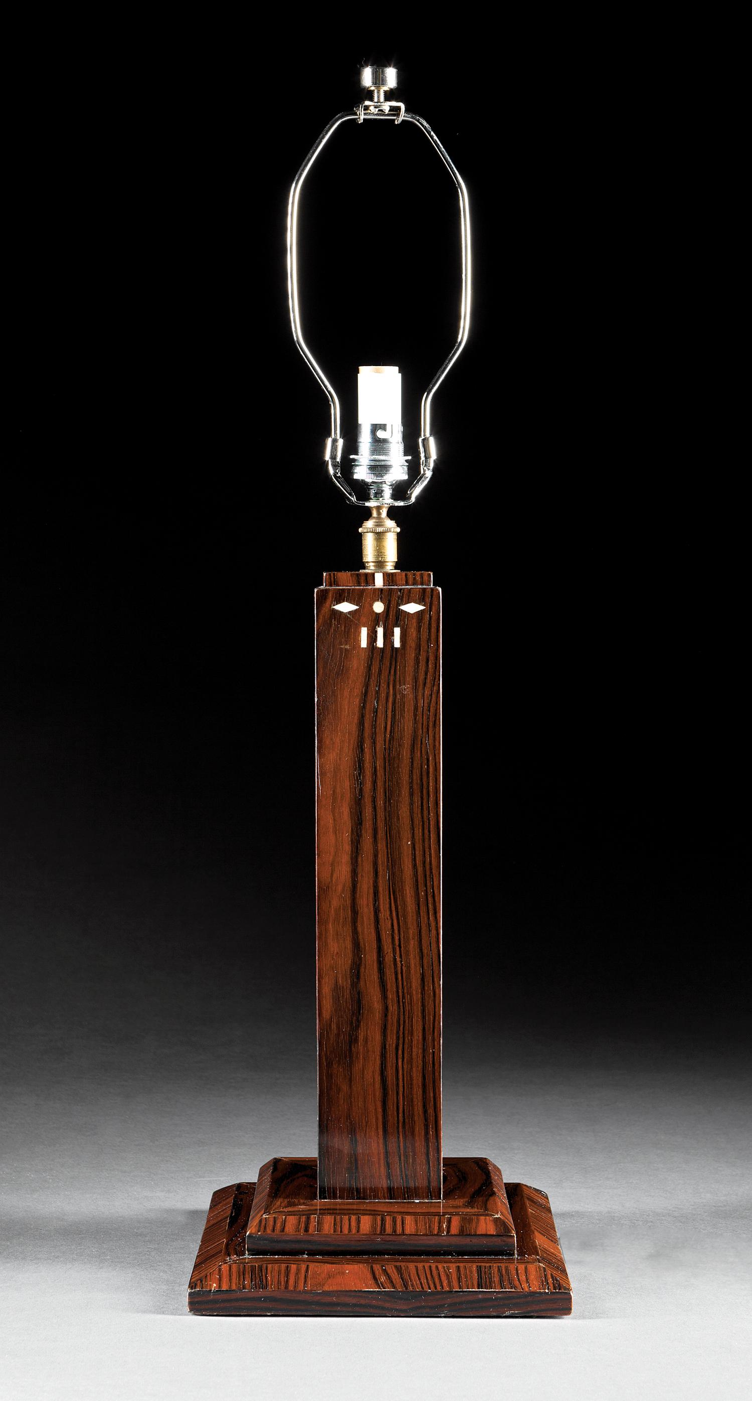 Art Deco Inlaid Macassar Table Lamp: Art Deco Inlaid Macassar Table Lamp , c. 1930, in the style of Christian Krass, h. (incl. finial) 24 1/4 in