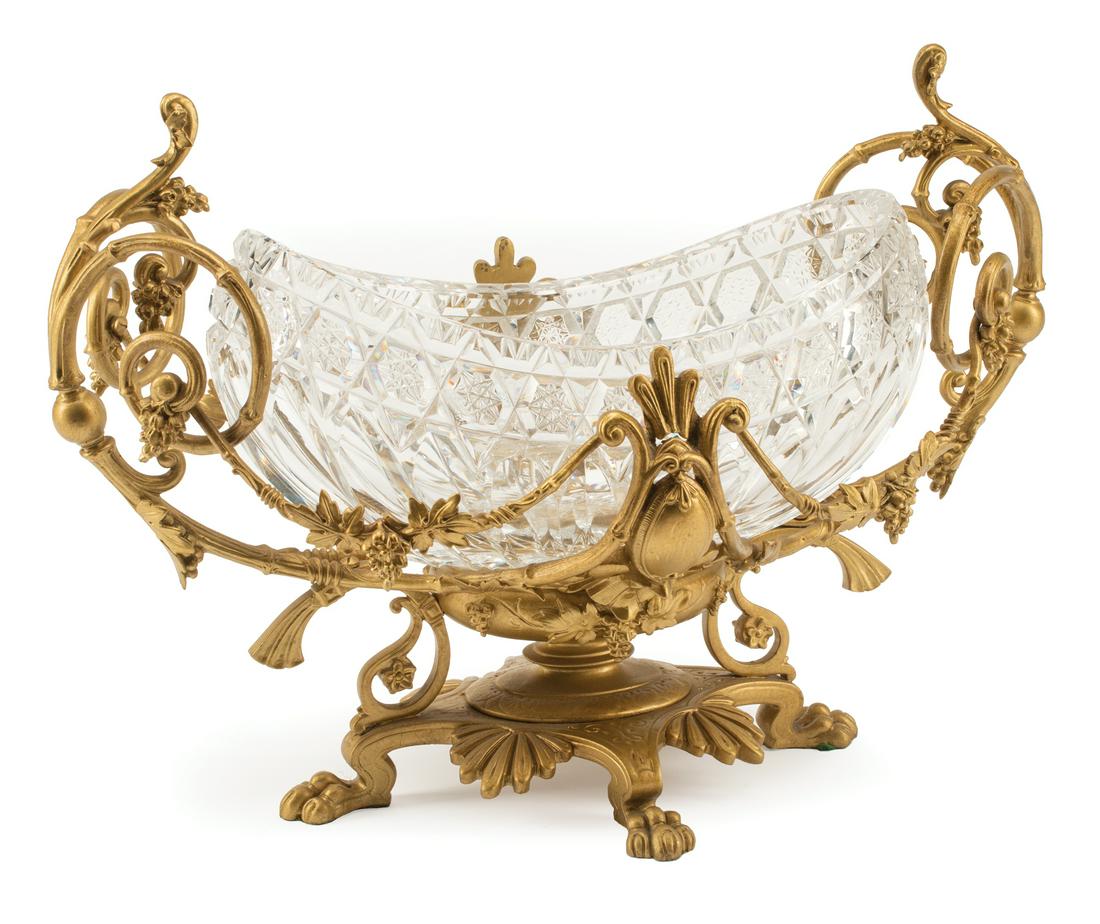 Louis XV-Style Bronze and Crystal Center Bowl: Louis XV-Style Bronze and Crystal Center Bowl , bronze foliate stand, oblong bowl , h. 12 1/2 in., w. 17 1/2 in., d. 9 1/2 in