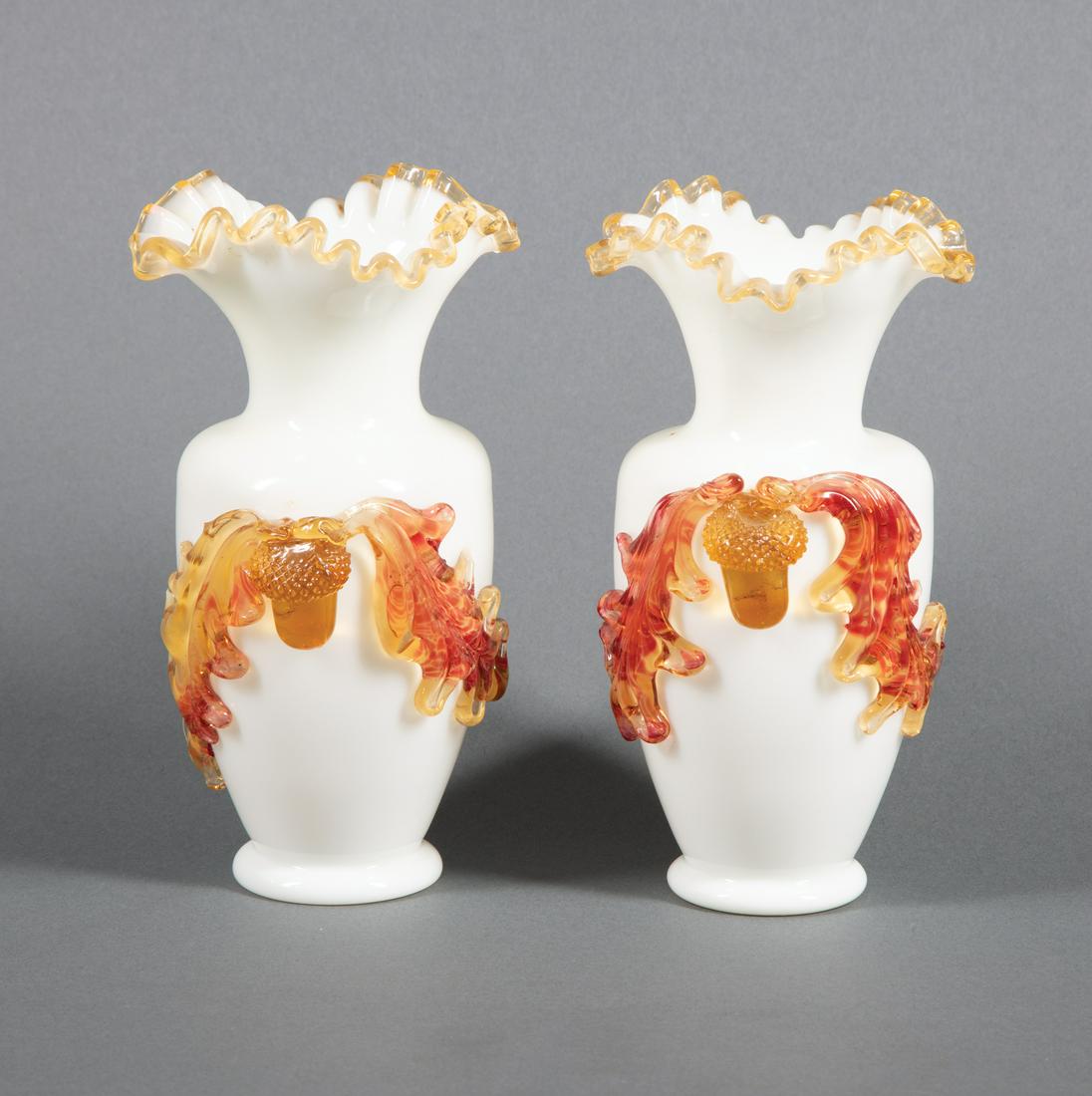 Pair of Stevens and Williams Art Glass Vases: Pair of Stevens and Williams Art Glass Vases , applied amber glass acorns, ruffle rim, h. 7 in