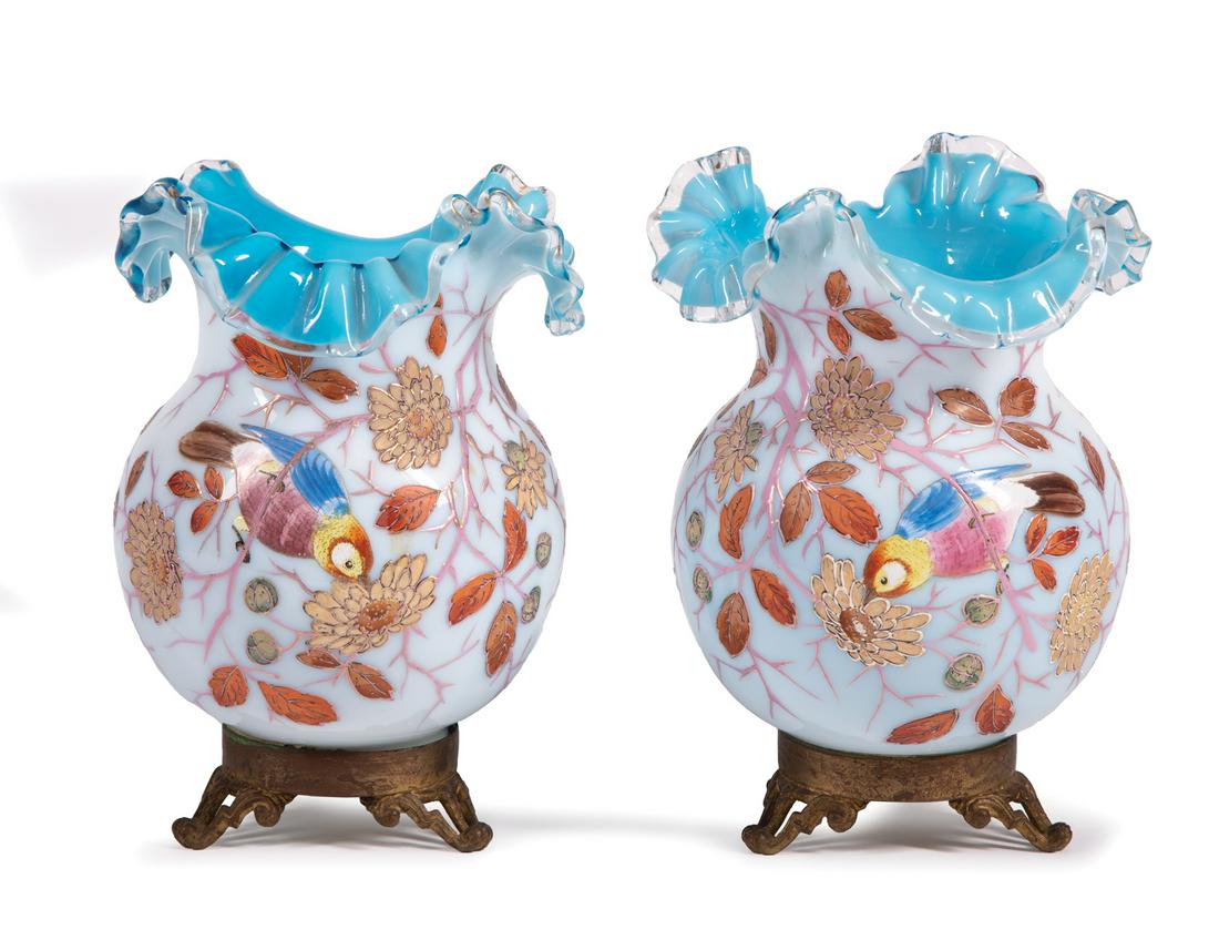 Bronze-Mounted Enameled Satin Art Glass Vases (1 of 2)