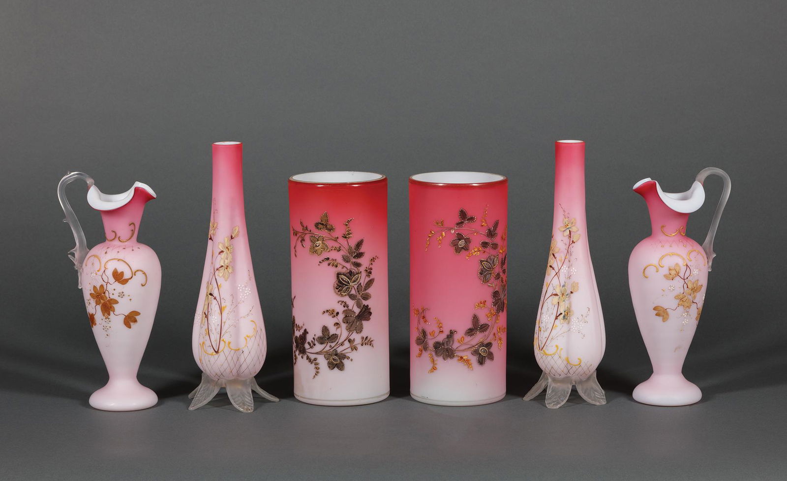 Enameled Pink Satin Art Glass Table Objects (1 of 5)