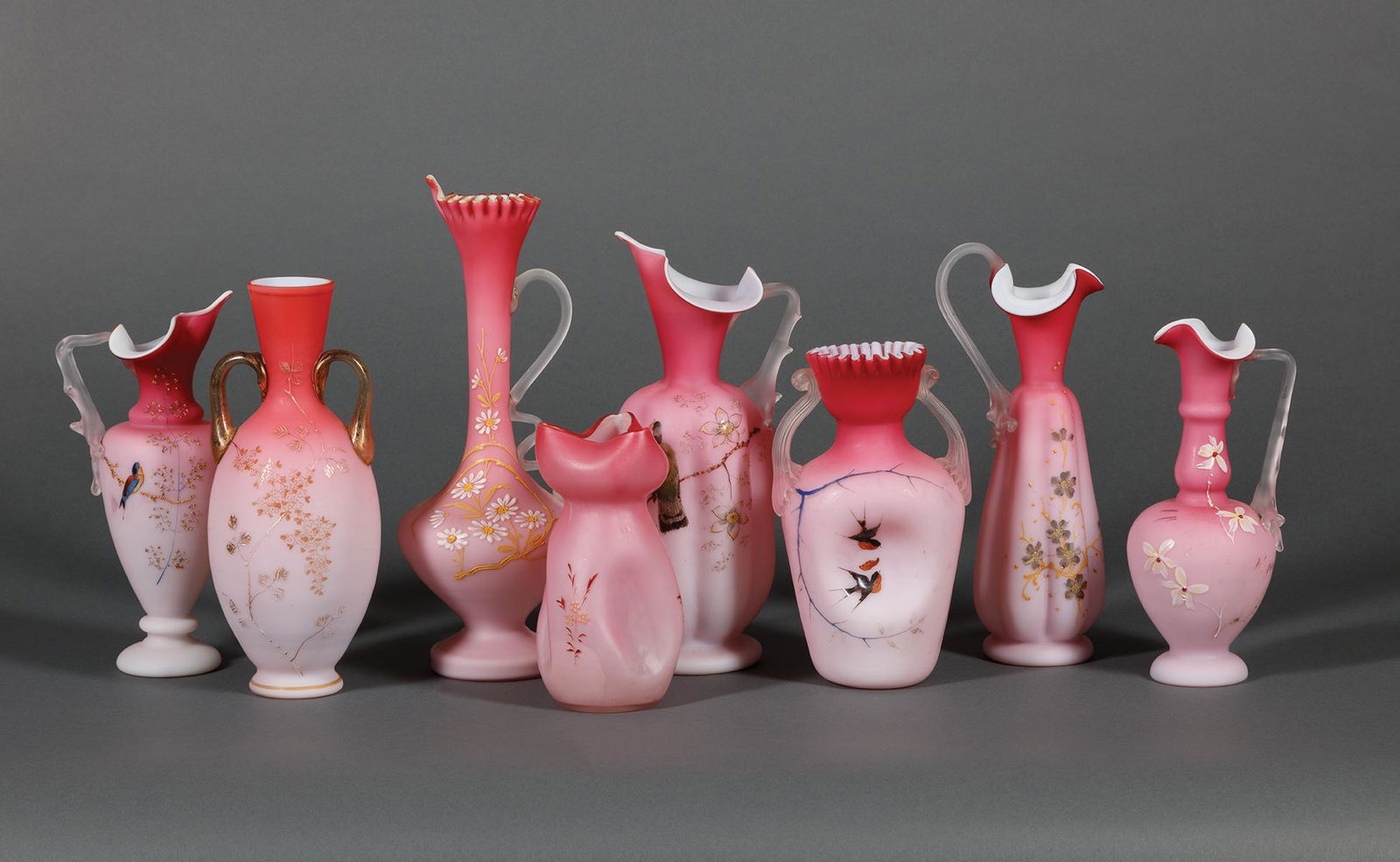 Enameled Pink Satin Art Glass Table Objects (1 of 6)