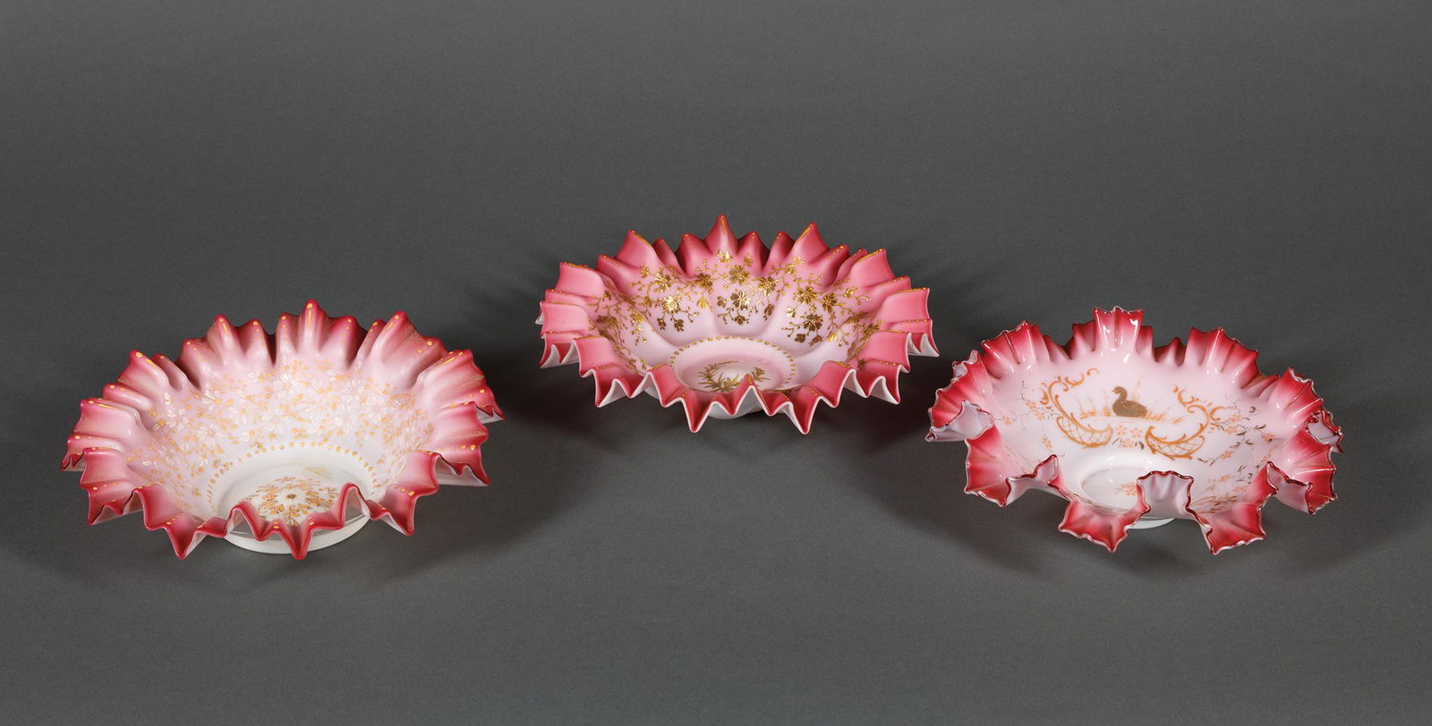 Enameled Pink Satin Art Glass Bride's Baskets (1 of 5)