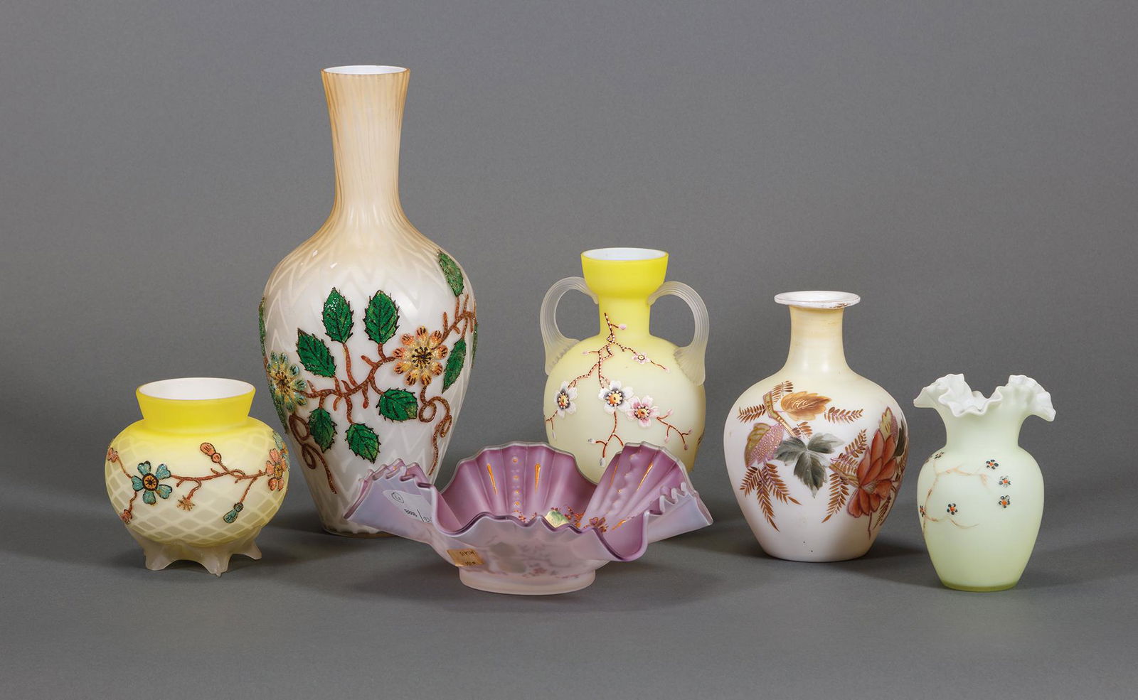 Enameled Yellow Satin Art Glass Table Objects (1 of 5)