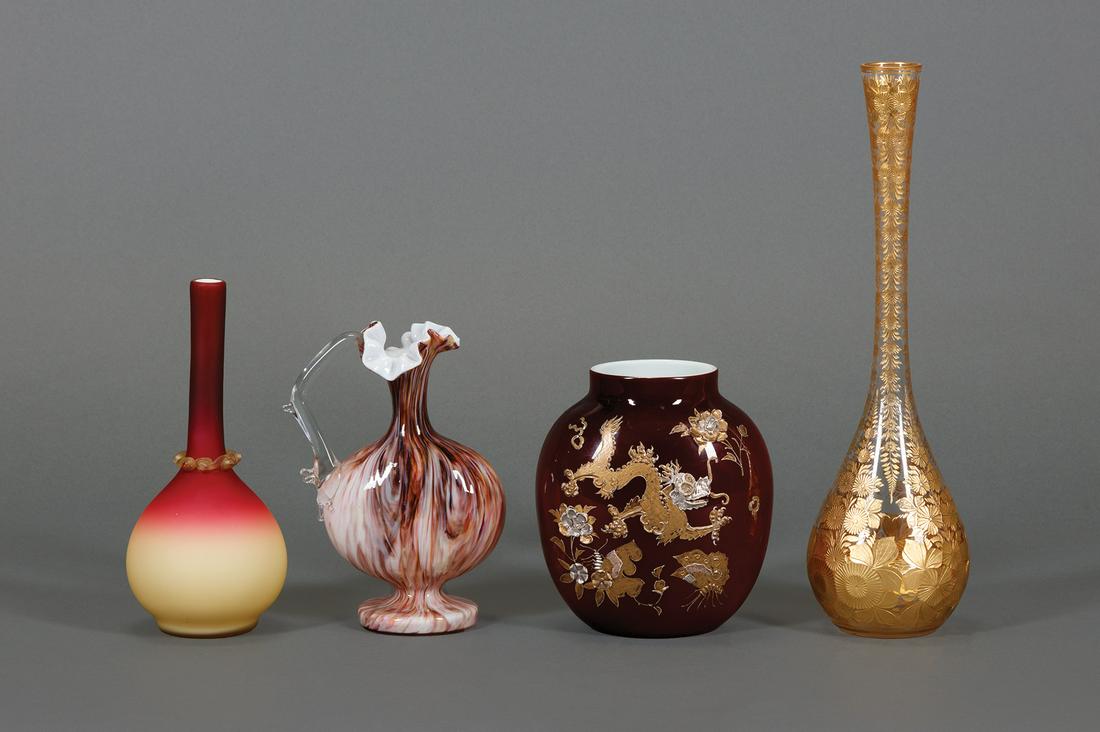 Group of Art Glass: Group of Art Glass , incl. Thomas Webb vase, marked, gilt dragon decoration, h. 6 in.; Moser bottle vase, gilt floral decoration, h. 13 in.; bottle vase, h. 8 1/4 in.; and ewer, h. 7 in. (4 pcs.)