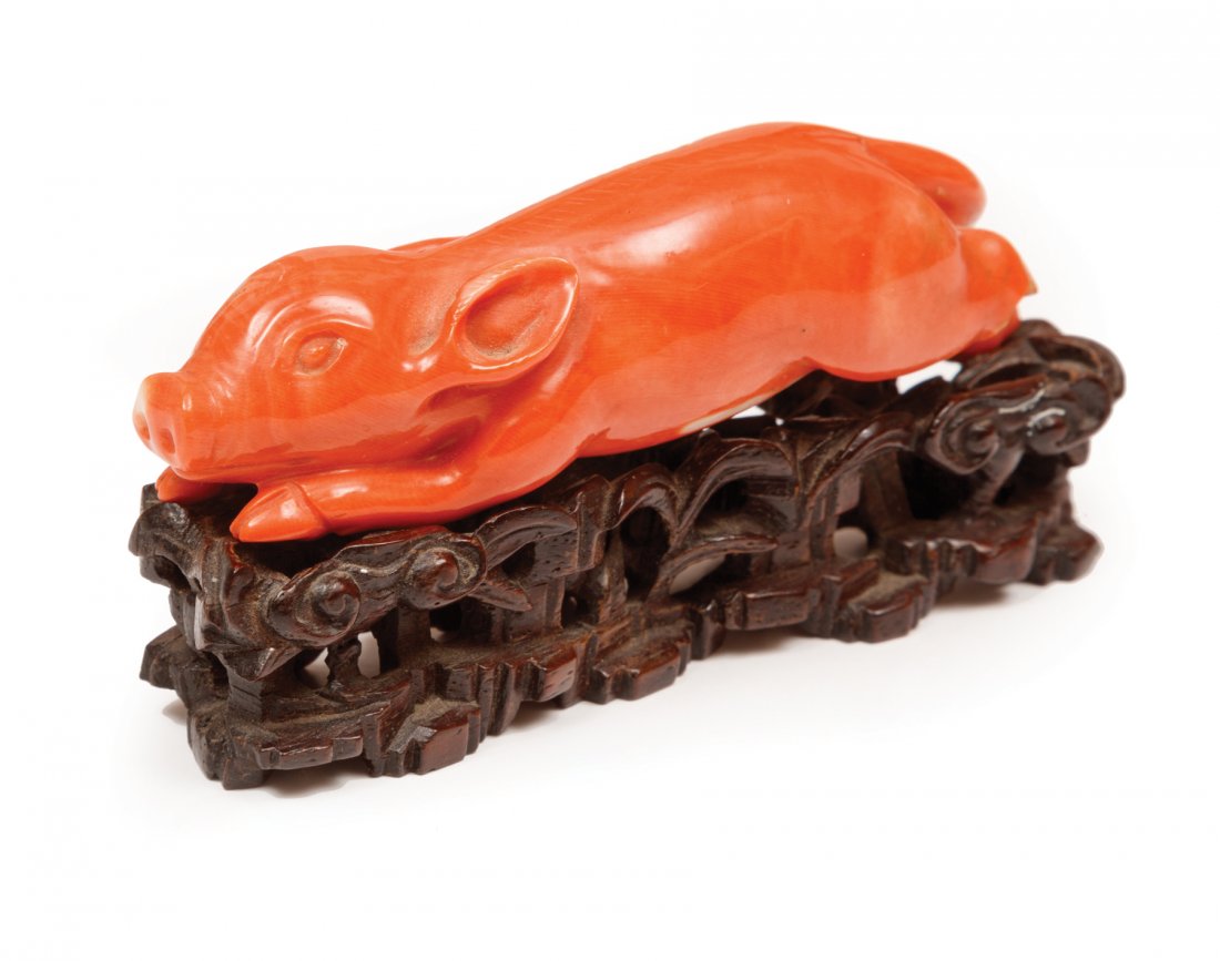 Chinese Coral Pig and Pair of Soapstone Seals (1 of 5)