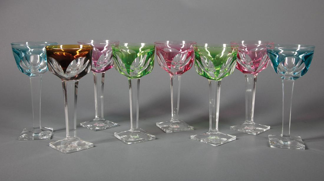 Moser Glass Hock Wine Glasses: Ten Moser Cut-to-Clear Glass "Bristol" Hock Wine Glasses , etched marks, incl. 1 purple, 2 pink, 2 blue, 2 green, 1 amber, and 2 black, h. 7 1/2 in