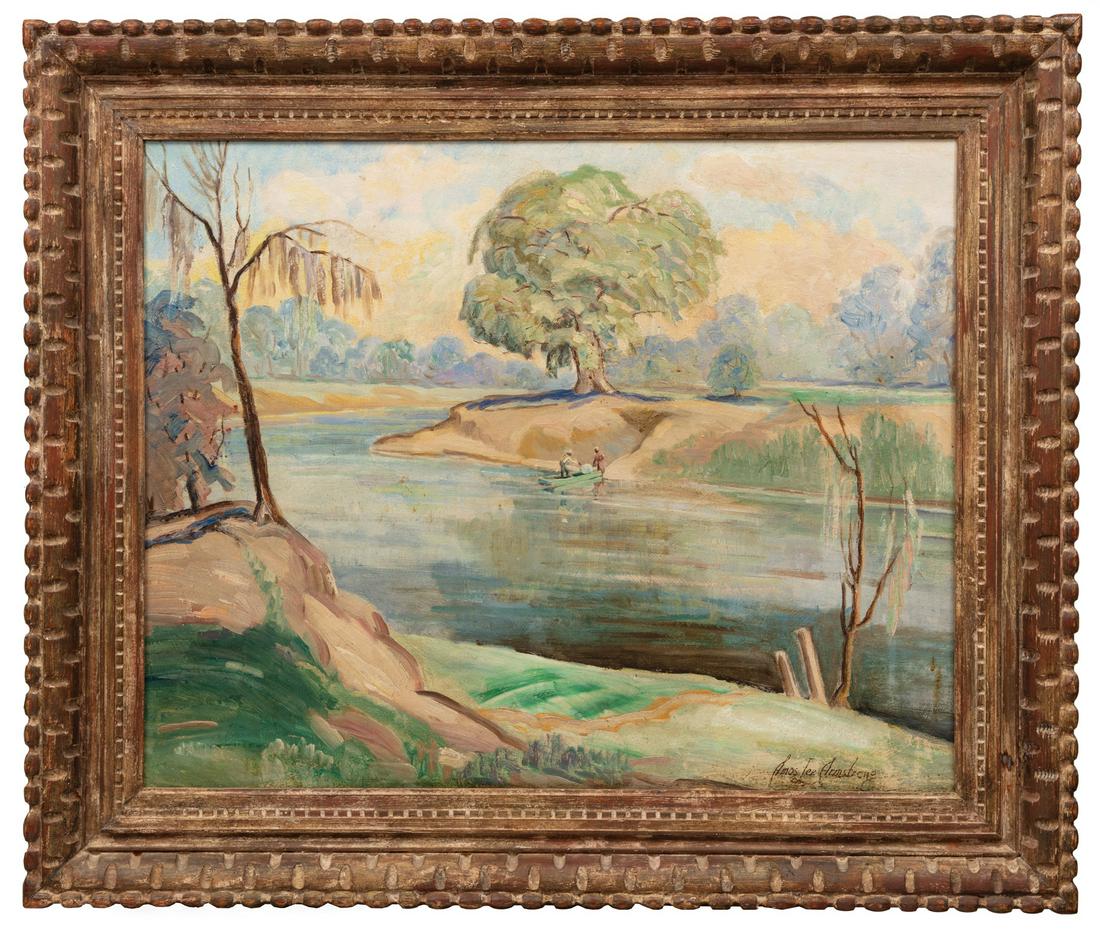 Amos Lee Armstrong (American/Louisiana): Amos Lee Armstrong (American/Louisiana, 1899-1969) , "Summer Day on Cane River", oil on board, signed lower right, signed and titled en verso, framing label on reverse of frame, 24 1/4 in. x 30 in., H