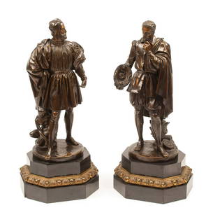 Patinated Bronze Figures: Pair of Patinated Bronze Figures of "Benvenuto Cellini" and "Bernard Palissy" , after Jean-Jacques Feuchere, each with "Vittoz Bronzier" inscribed on self-base , h. 20 1/2 in., black marble and gilt m