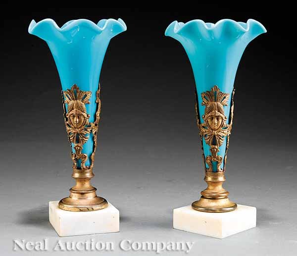 Pair Classical Powder Blue Sandwich Glass Vases: A Pair of American Classical Powder Blue Sandwich Glass Vases, 19th c., ruffled rims, set atop fire gilt brass holders on marble base, height 10 in., diameter 4 1/2 in