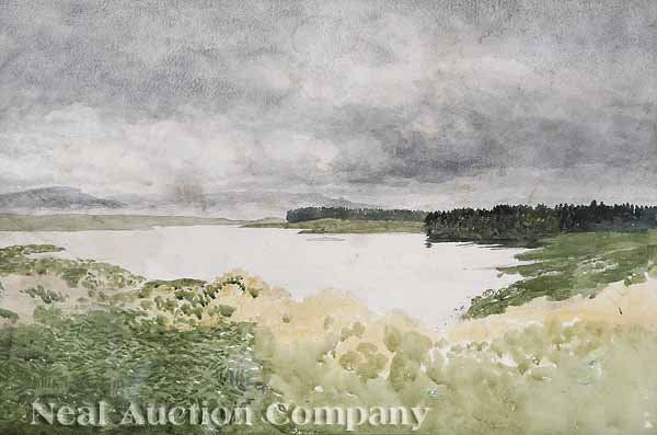 Attributed to Samuel Bough, R.S.A. (English): Attributed to Samuel Bough, R.S.A. (English, 1822-1878), "Dobbs Linn Near Moffat (Scotland)", watercolor on paper, unsigned, signed and titled on period label en verso, sight 13 in. x 20 in., framed