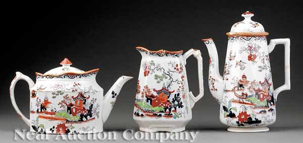 Mason's Ironstone Tea/Coffee Service: A Three Piece Mason's Ironstone "Lakeside Pavilions" Tea and Coffee Service, c. 1860, by Francis Morley and Company, comprising a teapot, coffee pot and milk pitcher, each stamped, coffee pot height 9