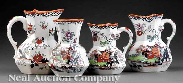 Four Ashworth/Mason's Ironstone Vessels: A Group of Four Ashworth/Mason's Ironstone "Lakeside Pavilions" Pattern Vessels, mid-to-late 19th c., comprising three pitchers and a vase, each stamped, tallest height 6 3/4 in