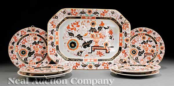 Ashworth/Mason's Ironstone Dinnerware: A Partial Suite of Ashworth/Mason's Ironstone Dinnerware, c. 1860, comprising a platter and 8 dinner plates, stamped, tray 13 7/8 in. x 18 7/8 in., plate diameter 9 5/8 in
