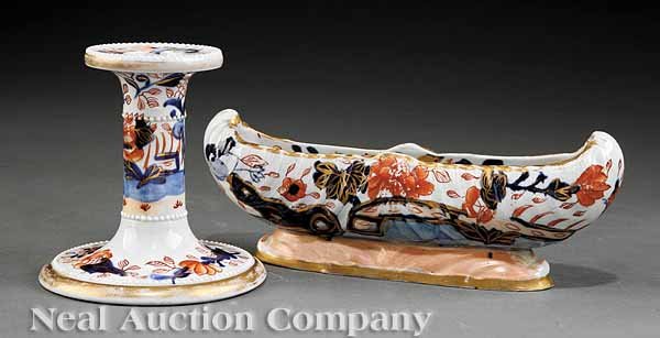 Mason's Ironstone Imari Palette Desk Items: Two Rare Mason's Ironstone Imari Palette Desk Items, c. 1813-1830, each with impressed mark, comprising a molded candlestick, height 3 7/8 in.; and a canoe form pen holder, width 7 3/8 in