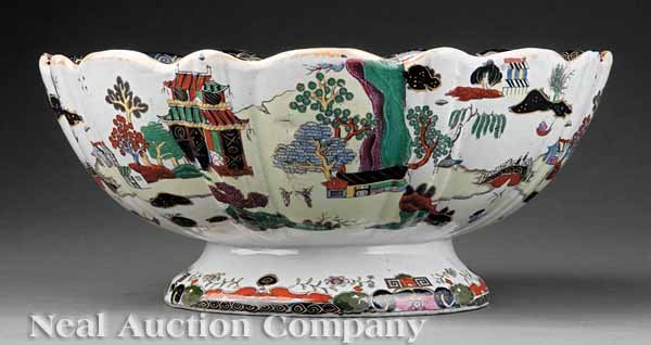 Mason's Ironstone Punch Bowl: A Mason's Ironstone Polychrome and Transfer "Pagoda" Landscape Pattern Punch Bowl, c. 1840-50, scalloped edge, stamped, height 5 1/4 in., diameter 11 3/4 in