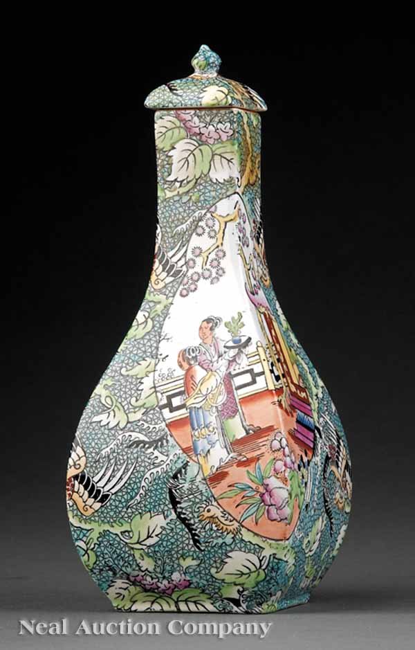 Francis Morley & Co. Mason's Ironstone Vase: A Francis Morley & Co. Mason's Ironstone "Mandarins in a Pavilion" Pattern Lidded Vase, c. 1860, stamped, height 9 3/8 in