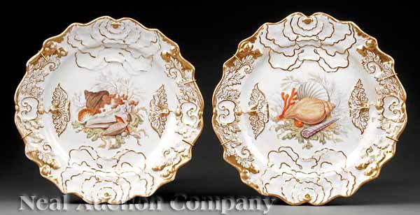 Mason's Ironstone Dessert Plates: A Rare Pair of Mason's Ironstone Dessert Plates, c. 1815, attributed to Samuel Bourne, oyster shell molded rim, polychrome seashell decoration, illegible impressed marks, diameter 8 1/2 in