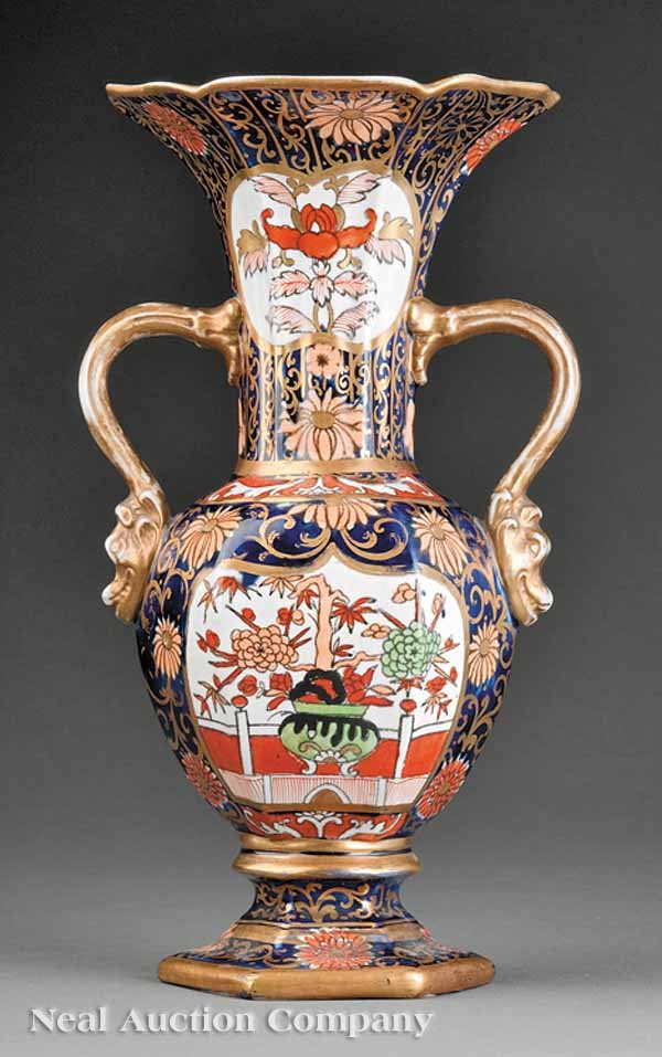 Mason's Ironstone Vase: A Mason's Ironstone Vase, c. 1840, overall transfer, polychrome and gilt decoration, dragon handles, base with underglaze blue pseudo Chinese mark, height 11 1/4 in