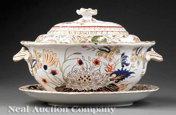 Mason's Ironstone Tureen and Undertray: A Mason's Ironstone "Water Lily" Pattern Tureen and Undertray, c. 1830-1840, stamped, tureen height 8 1/4 in., undertray length 12 1/2 in