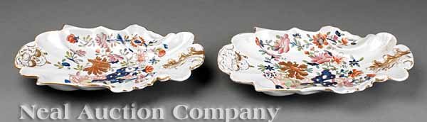Mason's Ironstone Shell-Form Dessert Dishes: An Early Pair of Mason's Ironstone Shell-Form Dessert Dishes, c. 1813-1820, fence and flowers motif, impressed circular mark, length 11 1/8 in., width 7 1/8 in