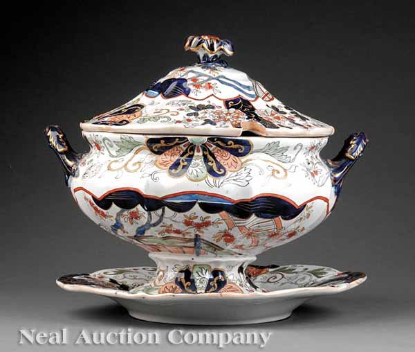 Ashworth Ironstone Soup Tureen & Underplate: An Ashworth Ironstone "Fence" Pattern Soup Tureen and Underplate, c. 1850, stamped, retailed by Higginbotham, Thomas and Company, Dublin, tureen height 11 1/4 in., underplate width 13 in