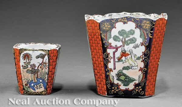 Two Mason's Ironstone Flower Pots: Two Mason's Ironstone Small Flower Pots, c. 1820-1825, each octagonal tapering body with figural and floral panels, in cobalt, green and ochre, stamped, height 4 3/8 in. and 2 5/8 in., (lacking liners