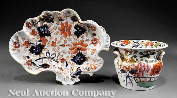 Two Early Mason's Ironstone Table Articles: Two Early Mason's Ironstone Table Articles, c. 1813-1825, impressed marks, comprising a shell-form Imari palette dessert dish, height 1 1/4 in., width 10 1/2 in., depth 8 in., and a bough pot, decorat