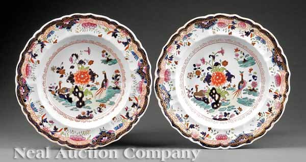 Pair of Mason's Ironstone Bowls: A Pair of Mason's Ironstone "Chinese Garden" Pattern Bowls, c. 1813-1820, in the Imari palette, with transfer and painted flowers and exotic birds, impressed mark, diameter 10 1/4 in