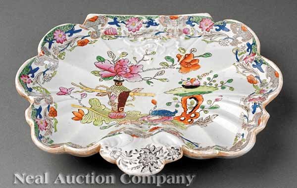Mason's Ironstone Shell-Form Dessert Dish: A Mason's Ironstone "Table and Flower-Pot" Pattern Shell-Form Dessert Dish, c. 1820-1830, impressed and stamped marks, height 1 7/8 in., width 9 1/2 in., depth 8 1/8 in