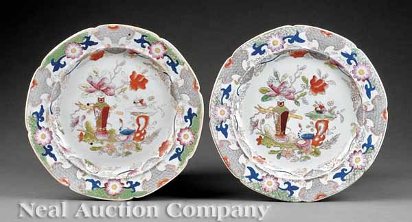 Pair of Mason's Ironstone Dessert Plates: A Pair of Mason's Ironstone "Table and Flower-pot" Pattern Dessert Plates, c. 1813-1830, stamped and impressed marks, diameter 8 in