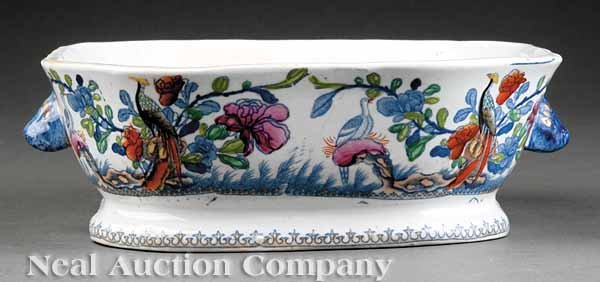 Mason's Ironstone Low Octagonal Bowl: A Mason's Ironstone "Oriental Pheasants" Pattern Low Octagonal Bowl, c. 1840-50, painted and transfer figures of exotic birds and trees, applied stylized boar's handles, blue crown and banner mark, he